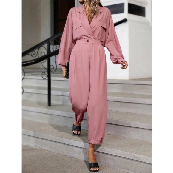 pink Lapel Neck Bishop Sleeve button Shirt & Pants set  Coord Set - Picture 2 of 12